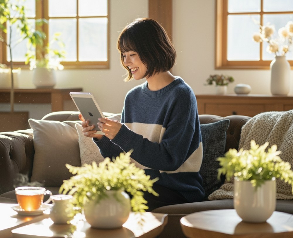 タブレットでオンライン通話をする女性