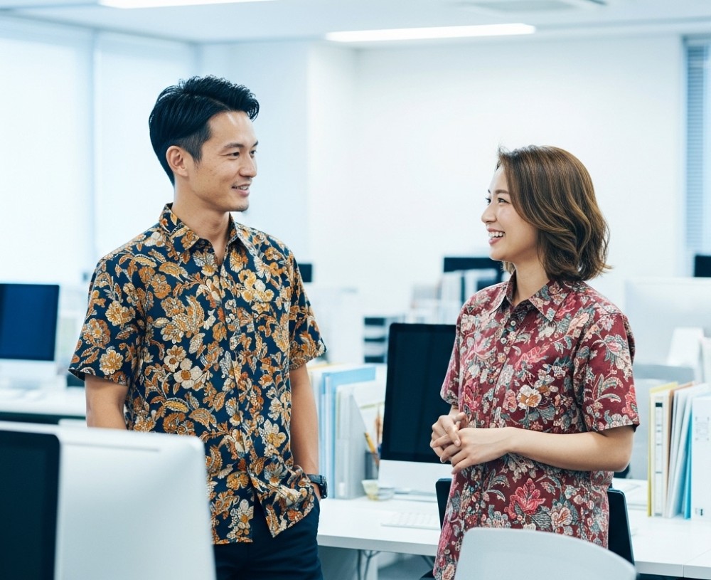 オフィスでかりゆしウェアを着ている男性と女性