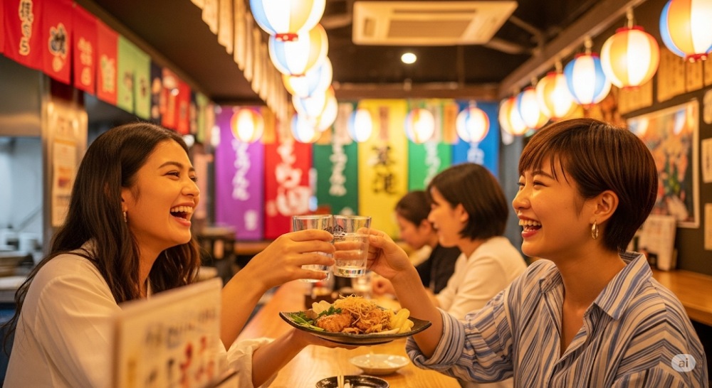 沖縄居酒屋で食事をしている2人の女性