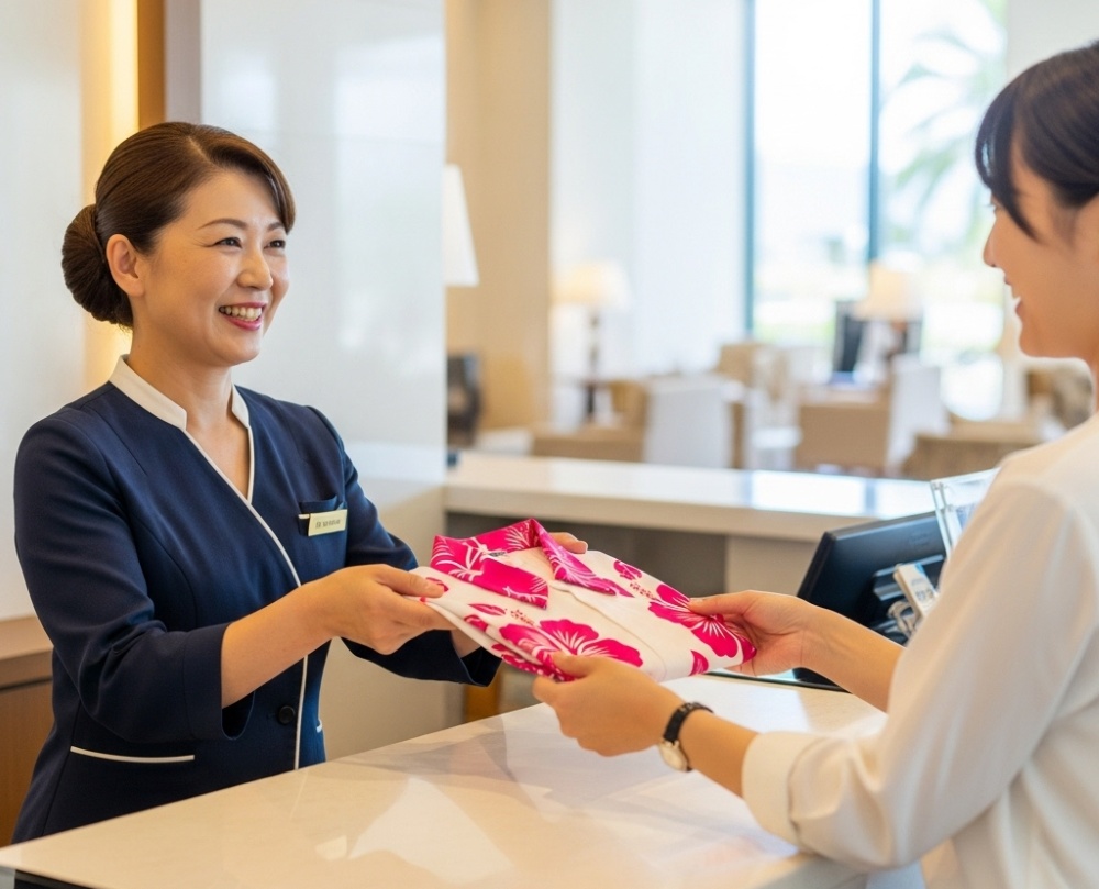 ホテルでかりゆしウェアをレンタルする様子